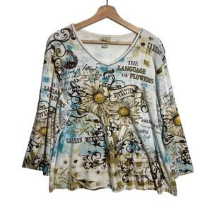 Jess & Jane "Language of Flowers" 3/4 Sleeve Shirt Top Sz 1X Embellished Daisy